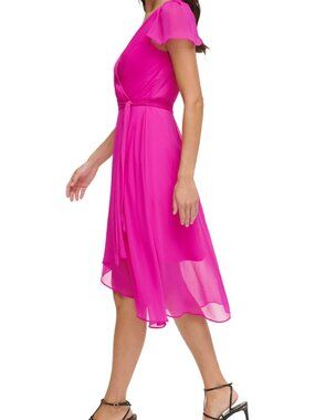 DKNY Dress, Plus Size 14W, V Neck, Short Flutter Sleeves, Power Pink, NWT